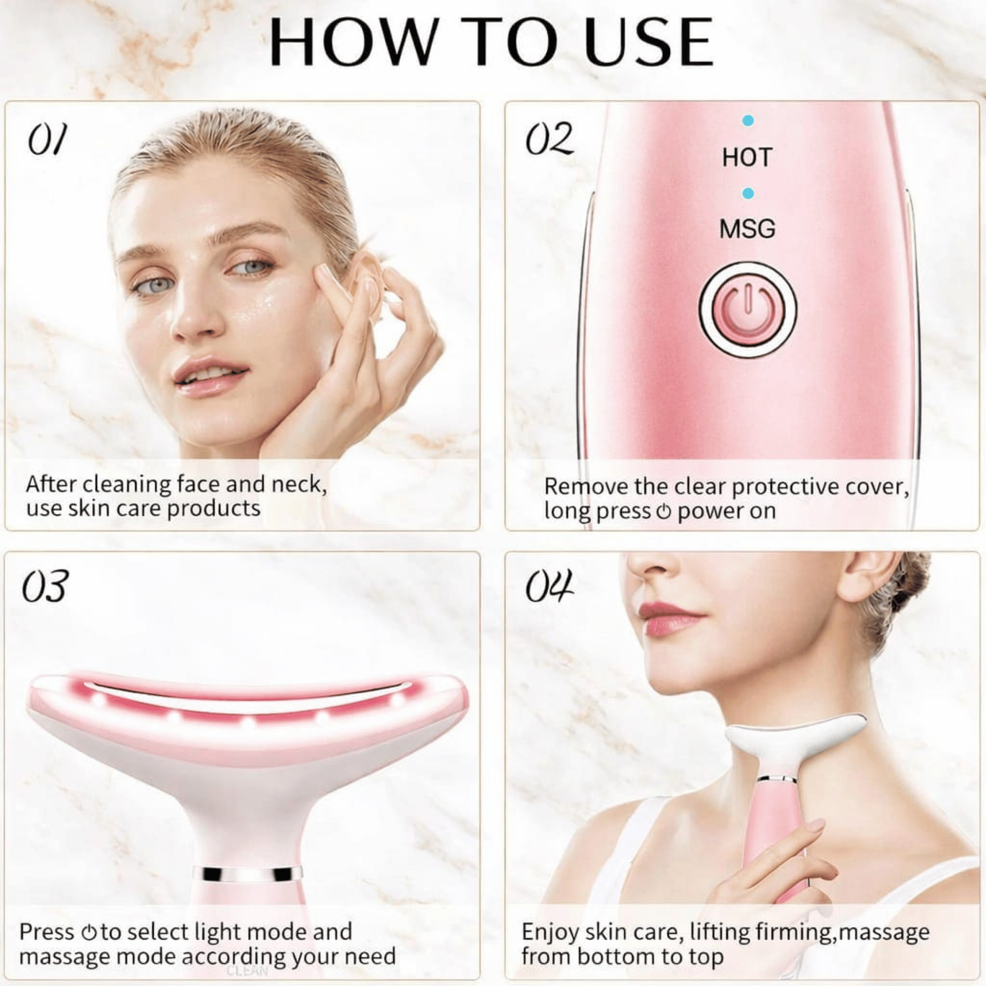 Instructions on how to use a skincare device with a woman applying it to her face.
