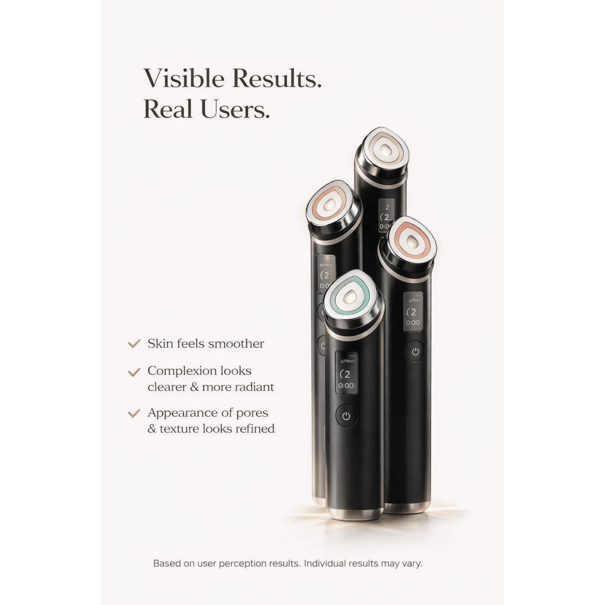 Black electronic device with three cylindrical heads on a white background, featuring text about visible results.