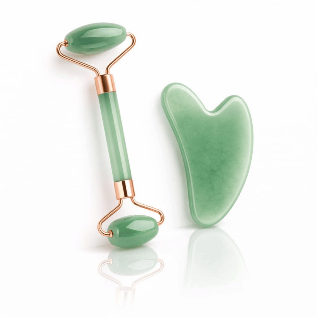 Green jade roller and gua sha tool on a white background