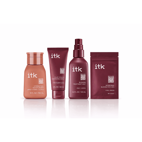 Set of skincare products with 'itk' branding on a white background