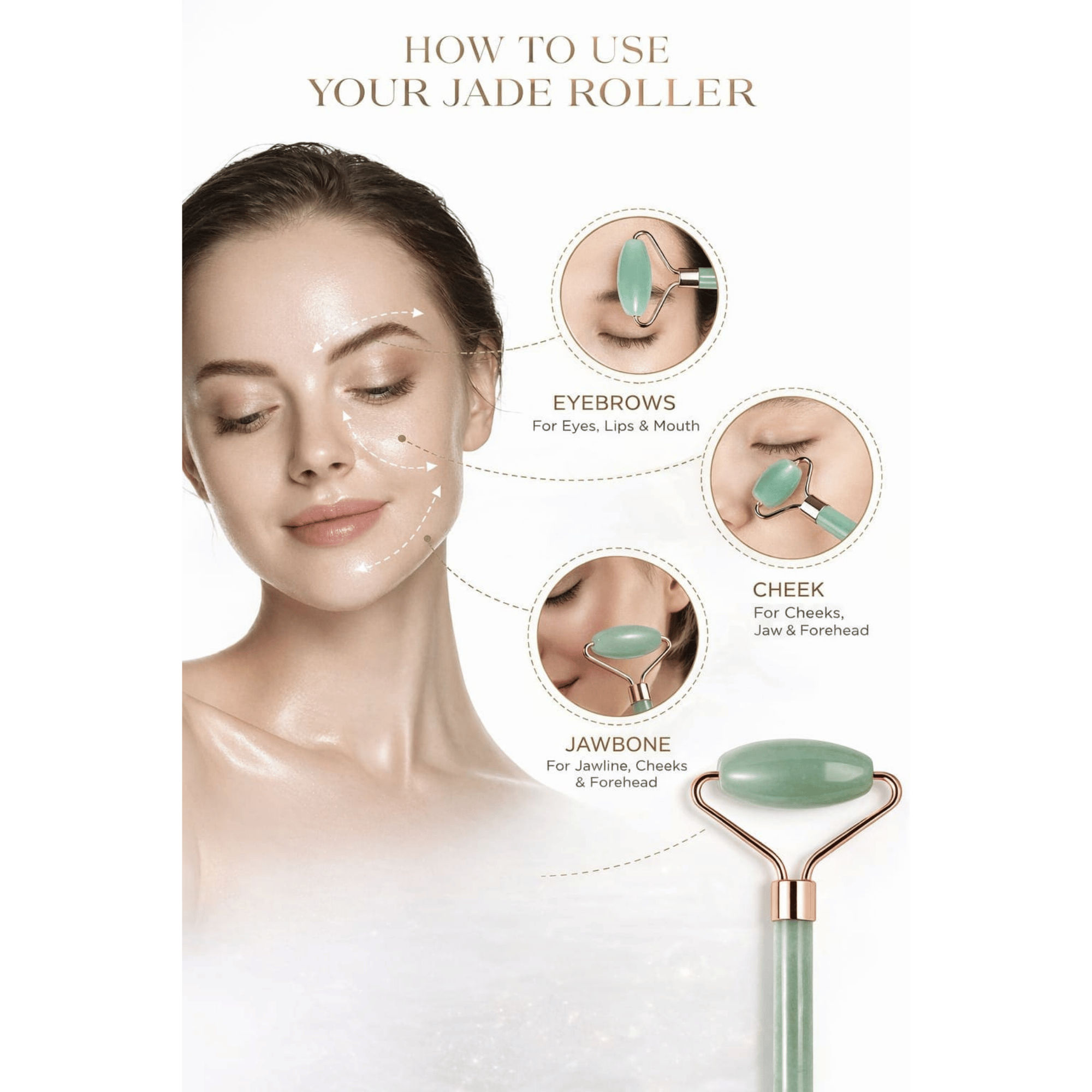 Instructions on how to use a jade roller with a woman's face and product illustration.