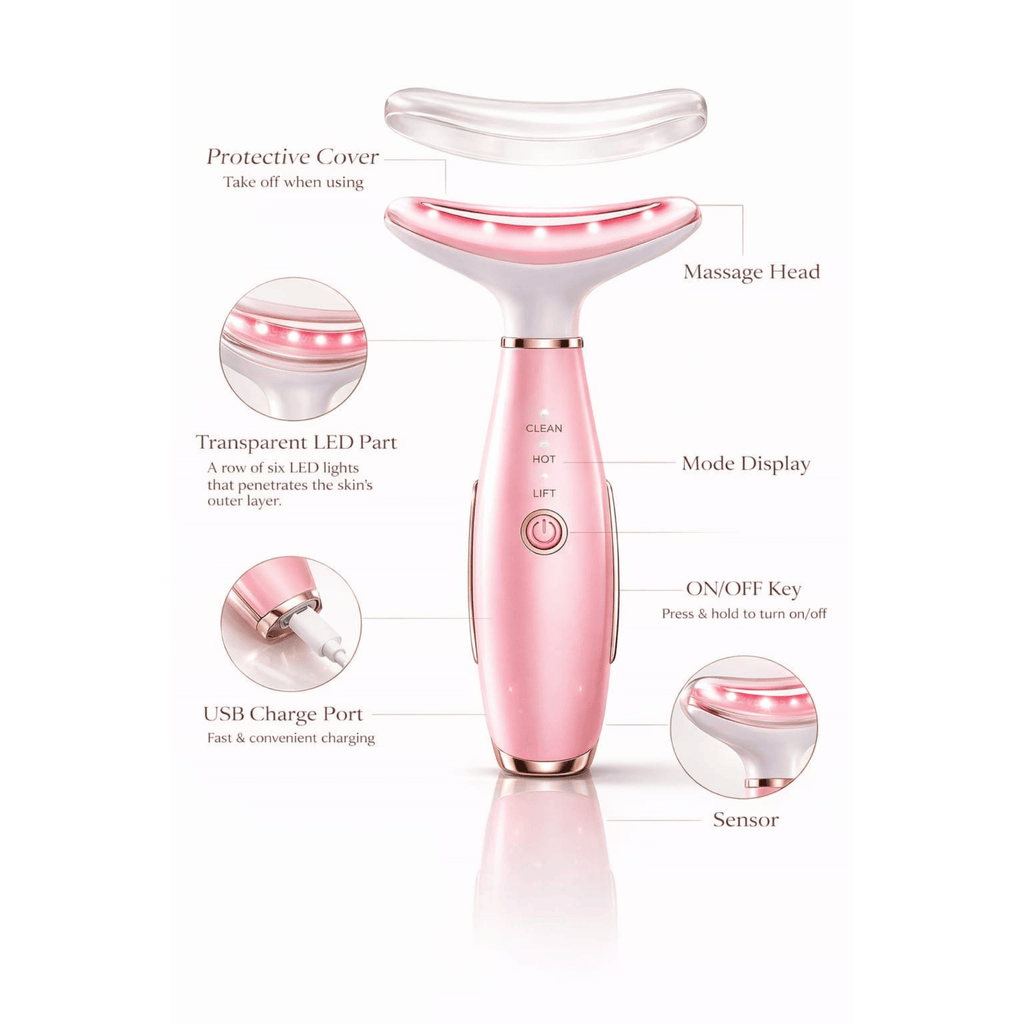 Pink facial massager with labeled parts on a white background
