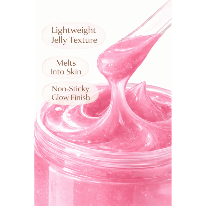 Pink jelly texture being scooped out of a jar with text describing its properties.