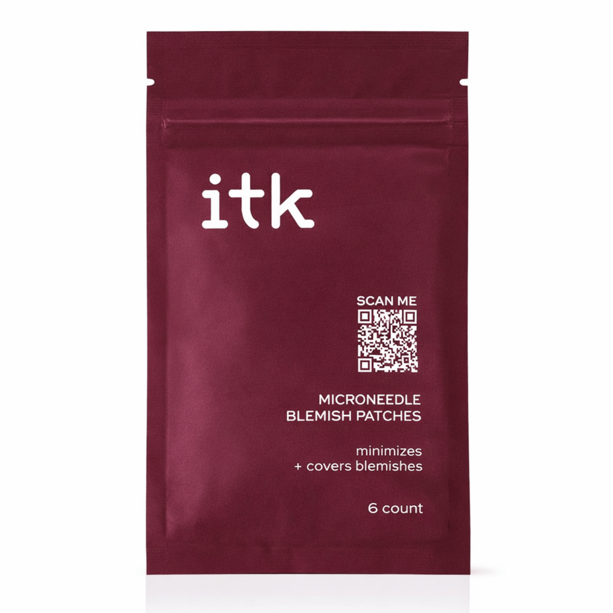 Maroon package of itk microneedle blemish patches with QR code and text on a white background