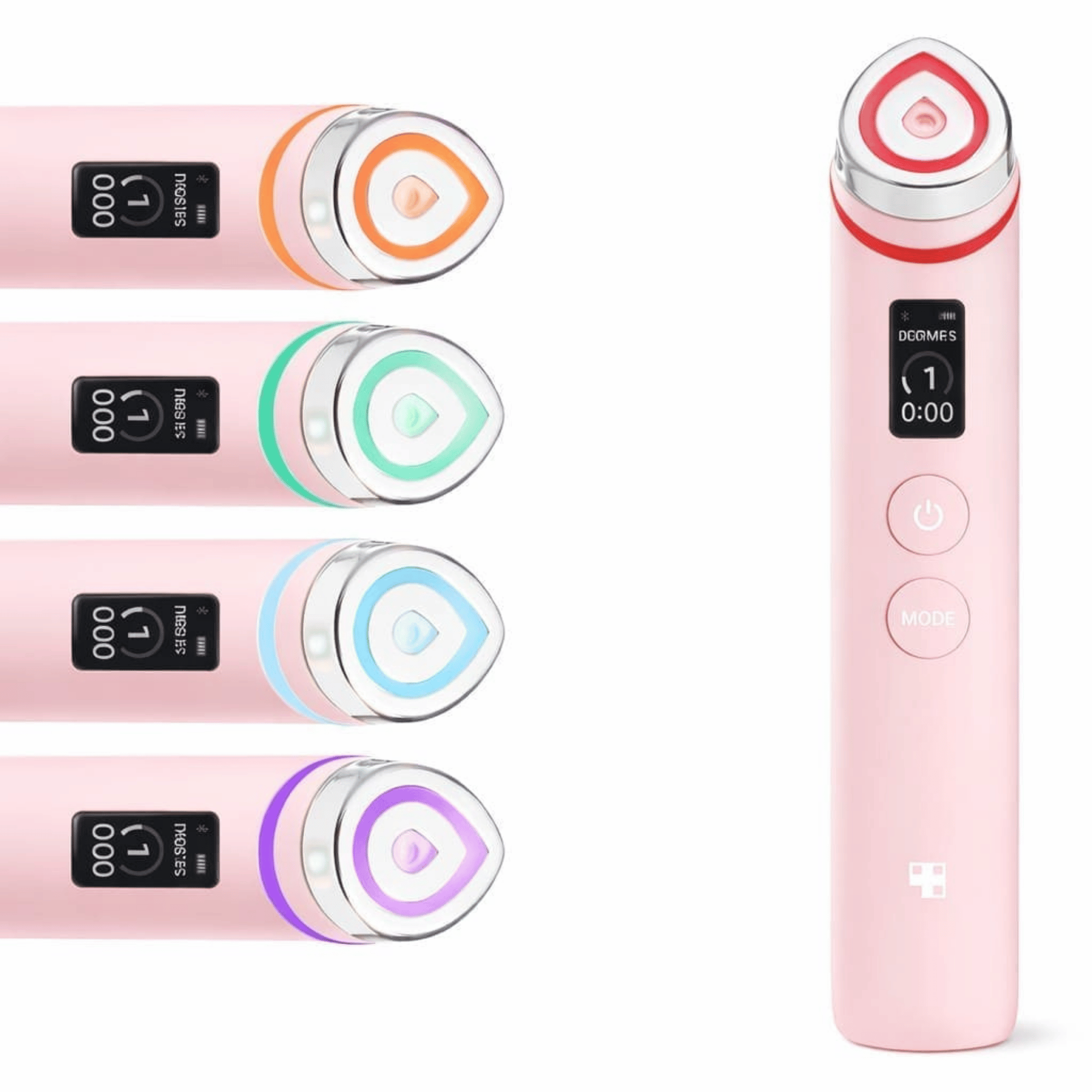 Pink electronic device with color-coded accents on a white background