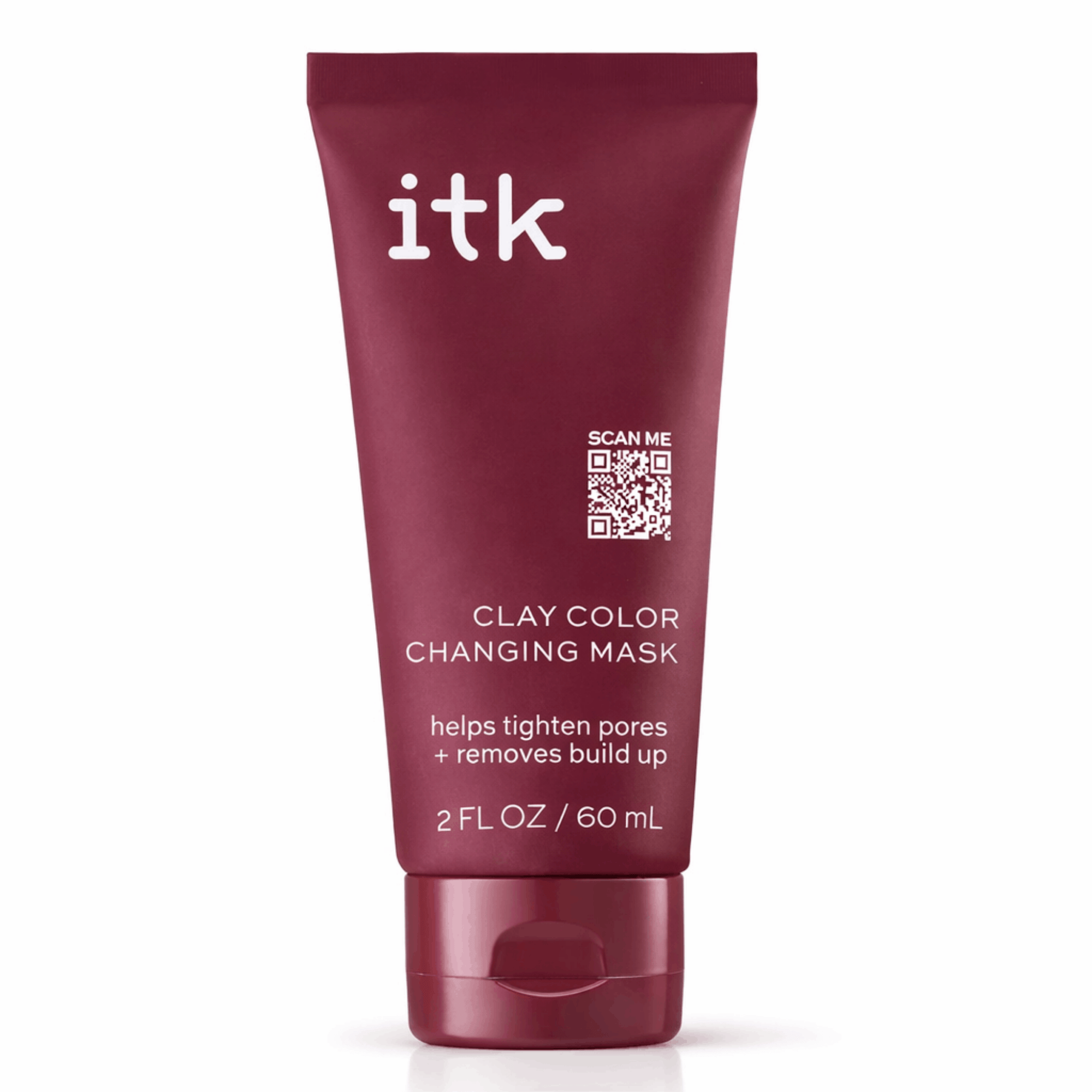 Maroon tube of itk Clay Color Changing Mask on a white background
